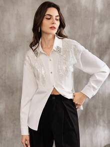 Blus Lengan Panjang Bordir Payet Bunga 3D ALIAO Warna Putih Musim Semi, Gaya Elegan Prancis untuk Hari Valentine, Pernikahan, Pesta - Putih - View 7