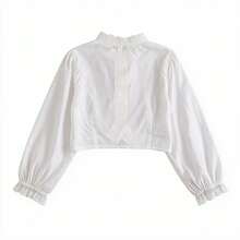 Women's Casual Colorblock Button-Up Short Shirt, Long Sleeve Curved Hem Top, White - White - View 6