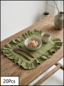 1pc Olive Green Solid Color Ruffle Trim Placemat, Natural Rustic Style Fabric Material Square Shape With Ruffle Trim Detail, Stain-Resistant Tabletop Protection And Decorative Function, Suitable For Daily Home And Natural Dining Table Setting - Green - View 13