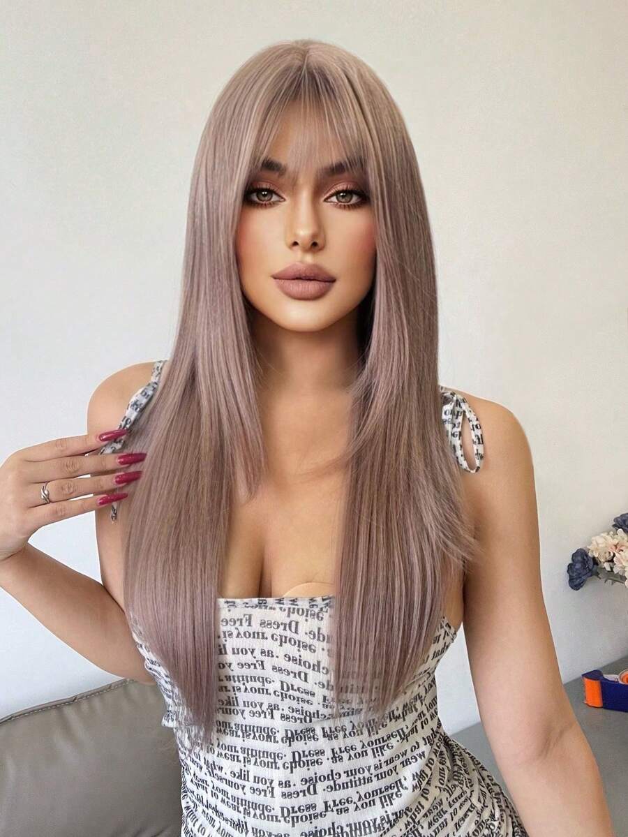 alicegarden 28-Inch Long Synthetic Wig Featuring A Natural Straight Style A Stunning Dusty Pink. Designed With Bangs , This False Hairpiece Is Perfect For Ms Daily Party Cosplay Use, Offering A Natural And Natural Durable Wig Gift For Ladies. - Dusty Pink - View 1
