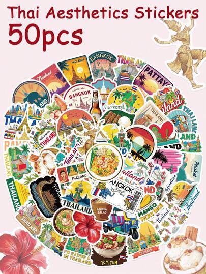 50Pcs Cartoon Thai Aesthetic Stickers Southeast Asian Thai Food Stickers For Phone Laptop Luggage Water Cup Skateboard Fridge DIY Crafts Decor Stickers