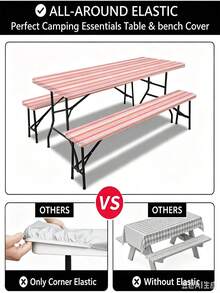 3 Pieces Picnic Tablecloth Set With Bench Cover, Elastic Edge Design, Striped Pattern, Washable Rectangular Tablecloth, Suitable For Wedding, Camping, Picnic, Garden Party And More, Practical Essential - B - View 8
