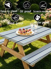 3 Pieces Picnic Tablecloth Set With Bench Cover, Elastic Edge Design, Striped Pattern, Washable Rectangular Tablecloth, Suitable For Weddings, Camping, Picnics, Garden Parties And More, Practical Essential - B - View 9