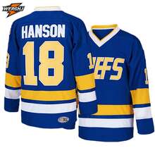 Jersey de hockey bordado de los hermanos Jeff Hanson de la película Slap Shot #18 Charlestown para hombres, uniforme de hockey para juego y entrenamiento - Azul - Ver 3