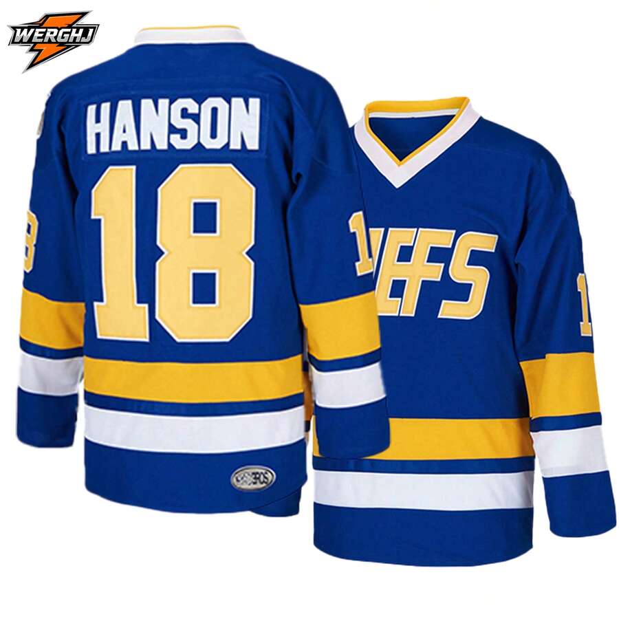 男士 #18 Slap Shot 電影 Charlestown Jeff Hanson Brothers 刺繡曲棍球球衣，比賽與訓練曲棍球制服