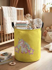 1pc Unicorn Print Large Capacity Foldable Round Storage Basket With Handles, Multi-Purpose Baby Room Storage Bin, Baby Sundries Organizer, Baby Room Storage, Baby Supplies Storage, Diaper Storage, Clothing Storage, Baby Supplies Sundries Storage, Multi-Purpose Storage Box, Foldable Baby Supplies Storage Box - Multicolor - View 14
