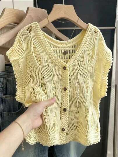 Summer New Solid Yellow Crochet V-Neck Short Sleeve Single-Breasted Hollow Casual Top