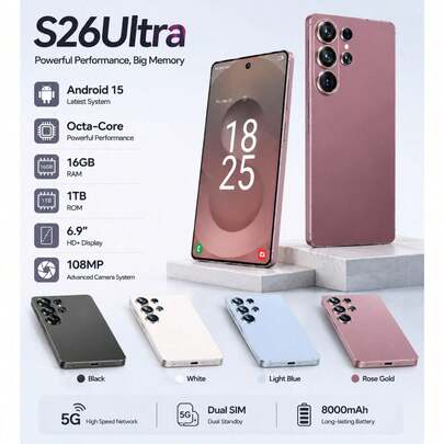 S26 Ultra 5G Smartphone, Android 15 Unlocked Phone, 6.9" Display, 16GB RAM + 1TB ROM, 108MP Camera, Dual SIM + TF Card, GPS, Fingerprint Unlock