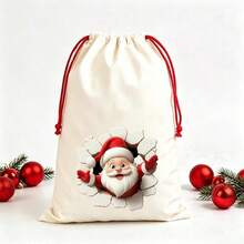 Christmas Drawstring Gift Bag, 3D Wall-Breaking Santa Claus Print Linen Gift Bag, Holiday Theme Drawstring Bag, Suitable For Christmas Gift Packaging And Holiday Scene Decoration - Off-white - View 5