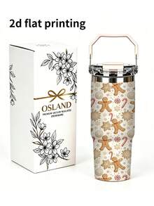 1pc/5pcs 30oz Stainless Steel Cup With Handle And Straw, Cute Christmas Gingerbread Man Candy Cane Snowflake Print, Leak-Proof Flip Lid, Suitable For Travel, Work, Fitness And Daily Outdoor Use - Beige-gingerbread Man - View 3