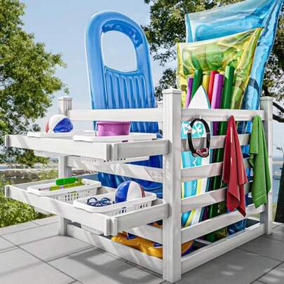 Contenedores de almacenamiento para piscina con estante para toallas y 6 ganchos móviles, organizador grande para churros de piscina, almacenamiento impermeable para exteriores junto a la piscina para gafas, pelotas de playa, flotadores y equipo