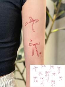 1 Sheet Waterproof Temporary Fake Tattoo, Cute Red Bow Knot Star Line Art Tattoo Stickers, Sweet Coquette Style Body Decoration For Women Wrist Forearm - Hot Pink - View 1