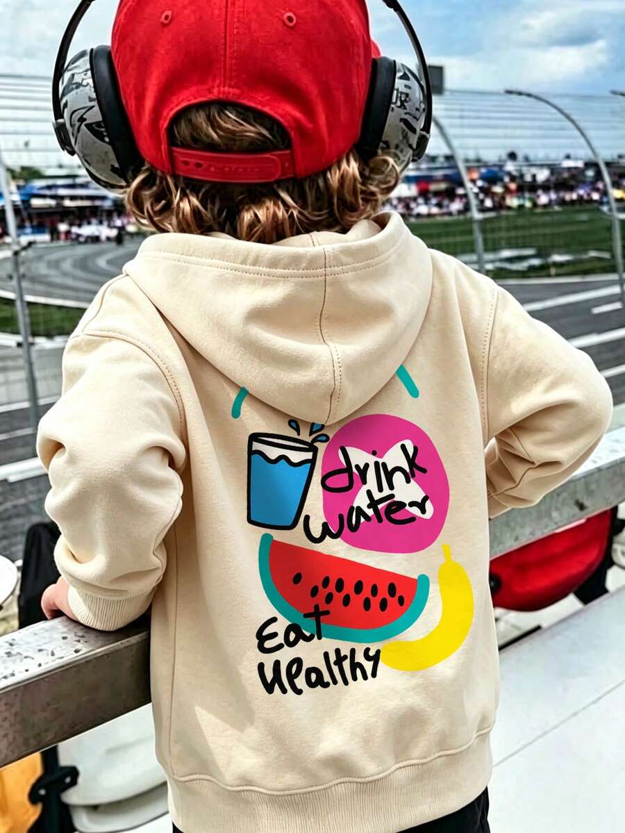 幼童男童水果圖案連帽衫 休閒長袖抽繩運動衫 - 杏色 - 查看 1