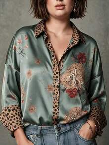 Women's Leopard Print Floral Button-Up Plus Size Shirt, Long Sleeve Lapel Collar Top, Autumn Woven Fabric Detail Design - Color Matching - View 6
