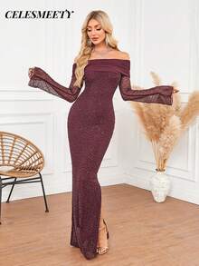 Wine Red Cold Shoulder Sequin Embroidered Long Evening Gown, Elastic Mesh Party Banquet Wedding Dress, Autumn Style - Burgundy - View 6