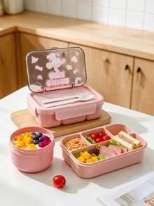 3pcs Pink Lunch Box Set, PP Material Bento Box, Cute Cartoon Print Portable Meal Box, Food Storage Container, Suitable For Students And Office Workers To Carry Meals - Pink - View 5