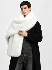 Low-Key Premium Solid Color Men's Long Fur Scarf, Thick Soft Fabric, Intellectual Style Daily Wear Warm Neck Warmer, Oversized Extra Wide Shawl - White - View 1