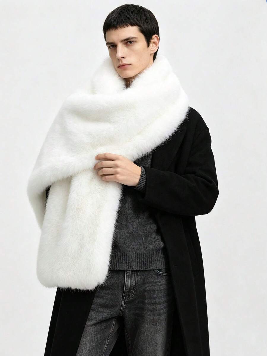 Low-Key Premium Solid Color Men's Long Fur Scarf, Thick Soft Fabric, Intellectual Style Daily Wear Warm Neck Warmer, Oversized Extra Wide Shawl - White - View 1
