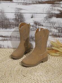 1 Pair Girls' Boots, Autumn/Winter New Style, High-Top Long Boots, Princess Embroidery, Prairie Western Boots - Brown - View 1