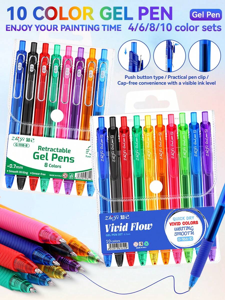 Classic Neutral Pen Set, 4/6/8/10 Colors Retractable Ballpoint Pens, 0.7mm Student Ballpoint Pens, Suitable For Manual Accounting, Hand Drawing, Note Taking, Back To School Essential Learning Stationery. - Gel Pen Set - View 1