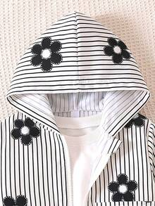 Girls' Casual Fashion Striped & Floral Print Faux Pocket Design Hooded Long Sleeve Zip-Up Jacket, Short Lightweight Jacket For Spring & Autumn - Black and White - View 4