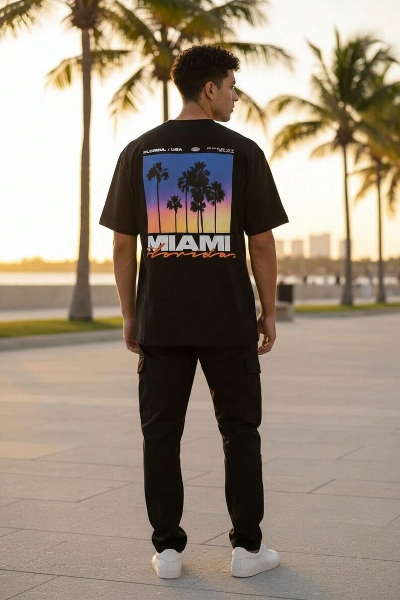 camiseta miami, camiseta de hombre, atuendos de verano, streetwear, top de algodón, camiseta de mujer, camiseta holgada blanca, top negro, regalo para hombre - Negro 1 - Ver 1