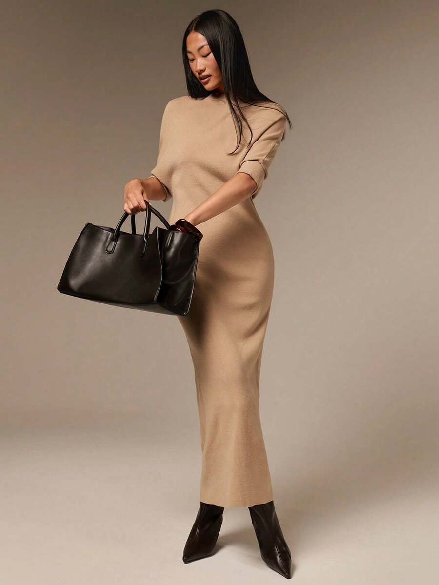 Women's Fitted Beige Knit Dress, Elegant Elegant Minimalist Commuter Outfit, Early Autumn Dress Teachers' Day Office Work Tops For Women - Khaki - View 1