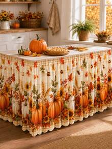 1pc Plaid Pumpkin Floral Table Skirt, Country Style Polyester Rectangular Table Skirt With Lace Wavy Hem, Sunflower And Maple Leaf Print, Suitable For Thanksgiving, Kitchen Dining Room, Autumn Decor, Wedding Decor, Kitchen Decor, Home Decor - Multicolor - View 4