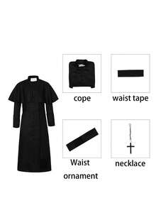 Solid Color Priest, Father Medieval Vintage Monk Robe Wizard Halloween Grim Reaper Costume With Cross Necklace And Belt - Black - View 6