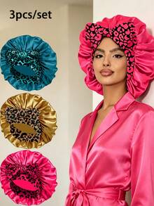 Classic Green Leopard Print Satin Women's Hair Cap, With Drawstring, Adjustable Lightweight Hair Protection Cap - NPS111 - View 29