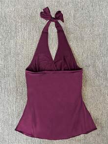 Women's Vintage Fairy Style Deep Purple Halter Top, Grunge Aesthetic Halter Tank Top With Sparkling Rhinestones - Red Violet - View 2