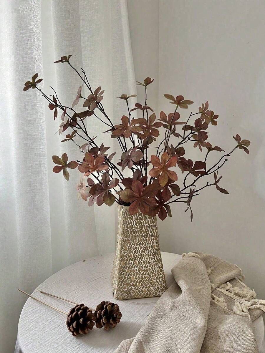 1件仿真秋季棕色植物枝條，配逼真絲綢尤加利葉，人造秋季葉莖，適用室內/戶外居家裝飾、桌面中心裝飾、咖啡桌、客廳、臥室、婚禮、感恩節派對、秋季裝飾