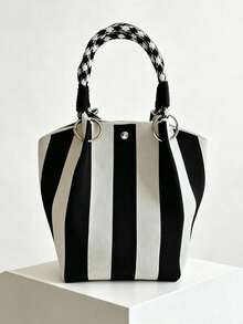 Fresh And Gentle Artistic Style Classic Retro Striped Handbag, Casual And Fashionable Versatile Handbag, Suitable For Commuting And Shopping. - Black - View 7