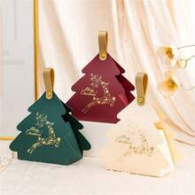 34/68/106pcs Christmas Tree Shaped Gift Boxes, Gold Foil Stamping, Burgundy And Green Paper Boxes, Deer Pattern, Suitable For Holiday Decoration, Party Tabletop Decoration, Table Centerpiece Decoration, Includes Christmas Stickers - Multicolor - View 3