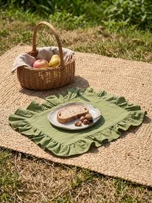 1pc Olive Green Solid Color Ruffle Trim Placemat, Natural Rustic Style Fabric Material Square Shape With Ruffle Trim Detail, Stain-Resistant Tabletop Protection And Decorative Function, Suitable For Daily Home And Natural Dining Table Setting - Green - View 10