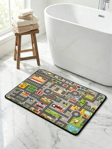 1pc Multicolor Cartoon City Traffic Road Building Stadium Car Print Play Mat, Cute Cartoon Early Education Short Plush Rectangular Edged Anti-Slip Crawling Pad, Children's Room Game Area Early Education Parent-Child Interaction All-Season Home Scene - Multicolor - View 3