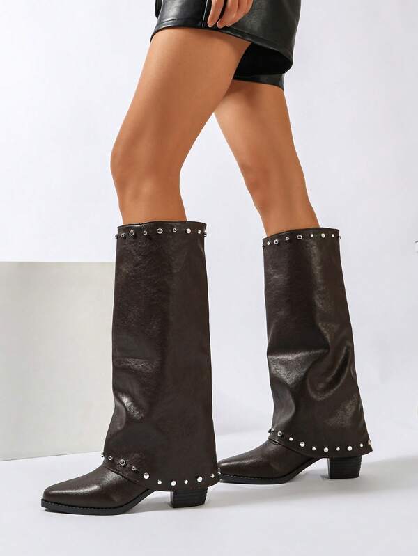 Vintage Women's Western Cowboy Tall Boots, Pointed Toe Multi-Buckle Ruched Cuff Design Chunky Square Heel Autumn/Winter Fashion Boots