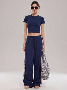 KyrLssu Side Stripe Star Embroidery Wide Leg Sweatpants, Elastic Drawstring High Waist Athletic Long Pants - Navy Blue - View 2