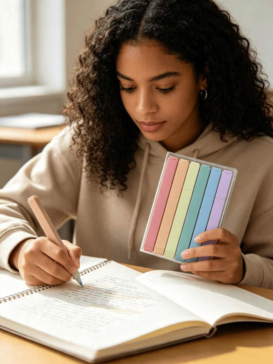 6pcs/12pcs Square Barrel Fluorescent Macaron Color Highlighter Marker Pen Set For Students, Note-Taking And Key Point Marking - Multicolor - View 1