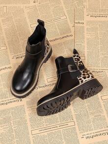Fashion Leopard Print Patchwork Slip-On Buckle Women's Ankle Boots, Autumn/Winter New Slip-On Classic American Style Boots - Black - View 5