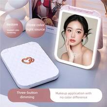 scbestuygo Portable LED Makeup Mirror, 300mAh Rechargeable Battery, 3 Lighting Modes, Touch Control And 3-Level Dimming, Compact Travel Mirror, Suitable For Bedroom, Bathroom, Dorm, Office, Vanity - White - View 1