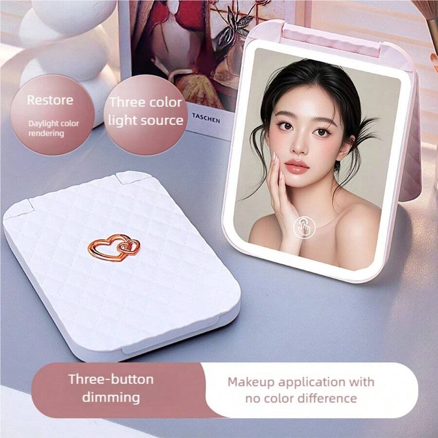scbestuygo Portable LED Makeup Mirror, 300mAh Rechargeable Battery, 3 Lighting Modes, Touch Control And 3-Level Dimming, Compact Travel Mirror, Suitable For Bedroom, Bathroom, Dorm, Office, Vanity - White - View 1