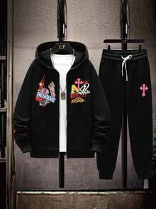 Men's Plus Size Autumn/Winter Creative Cross & English Letter Print Casual Open Front Hoodie Sweatshirt + Casual Sweatpants Set - Black - View 1