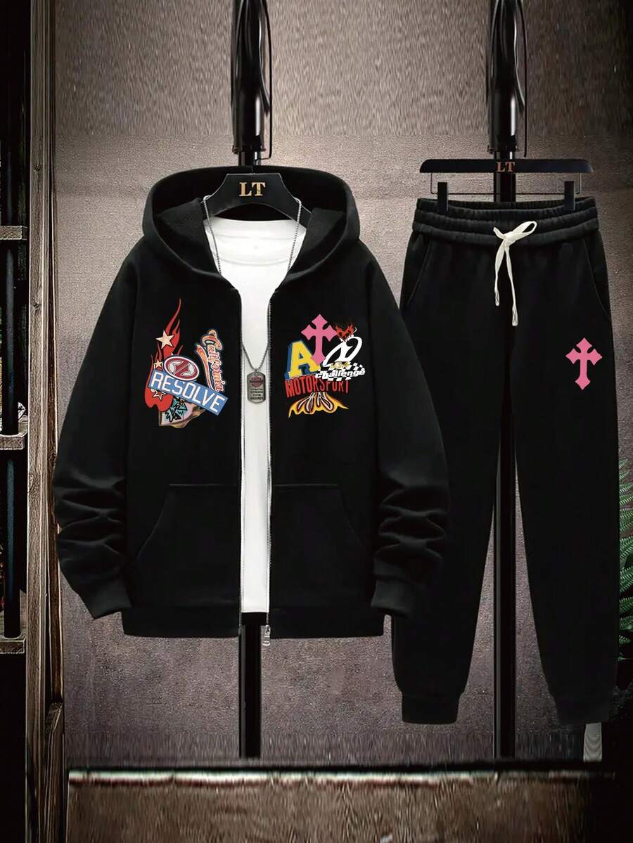 Men's Plus Size Autumn/Winter Creative Cross & English Letter Print Casual Open Front Hoodie Sweatshirt + Casual Sweatpants Set - Black - View 1