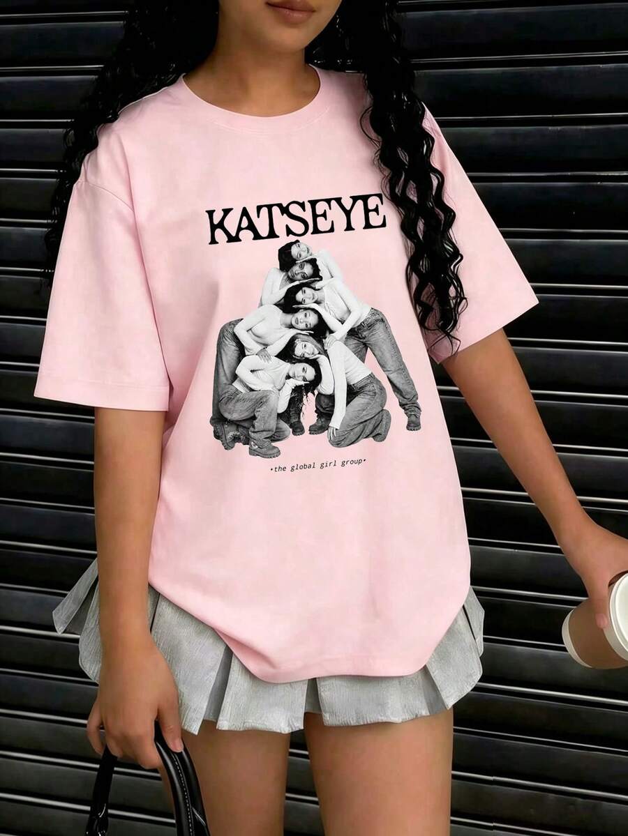 Tween Girls' Casual Funny Print Crew Neck Short Sleeve T-Shirt, Summer Top - Pink - View 1