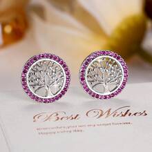 1 Pair Round Tree Of Life Hollow Stud Earrings With Rose Red Rhinestone Circle Surround, Exquisite Niche Elegant Gift Decorative Earrings For Women - Earrings - View 14