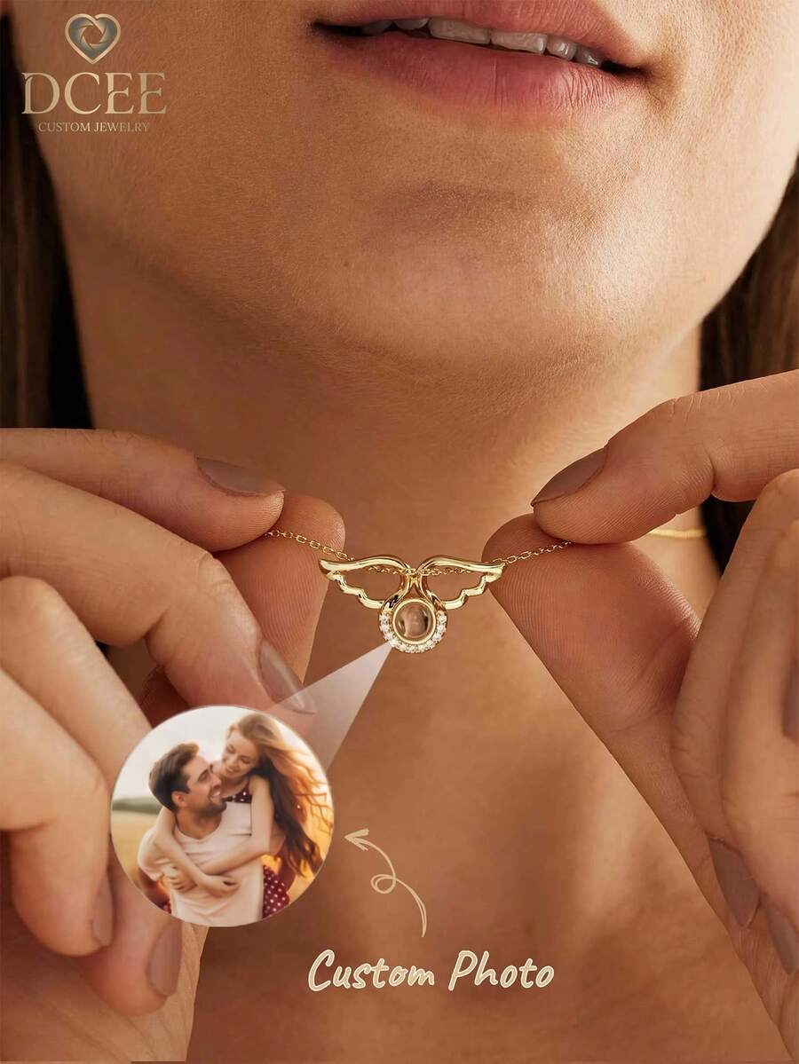 1pc Customized Photo Projection Necklace, Birthstone Necklace, Angel Wings Projection Pendant, Photo Necklace, Wings Necklace, Memorial Photo Necklace, Mother's Day Gift