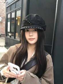 MESHUOKAI 1pc Flat Top Street Retro Rivet Washed Niche American Style Baseball Cap Beret, Big Head Small Face Distressed Design - Multicolor - View 5