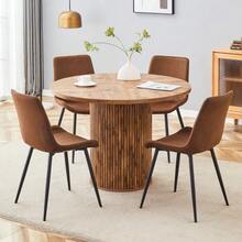 Minimalist Round Table Set With 1 Table And 4 Chairs. Round Dining Table Made Of MDF With A 100 Cm Diameter In A Wood Look. Combined With 4 Chairs Made Of Brown High-Tech Fabric And A Widened Seat. - 棕色+黑色,木質 - 查看 1