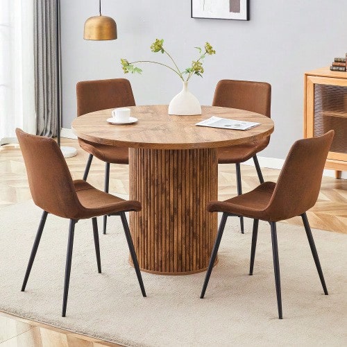 Minimalist Round Table Set With 1 Table And 4 Chairs. Round Dining Table Made Of MDF With A 100 Cm Diameter In A Wood Look. Combined With 4 Chairs Made Of Brown High-Tech Fabric And A Widened Seat. - 棕色+黑色,木質 - 查看 1
